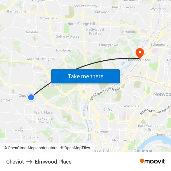 Cheviot to Elmwood Place map