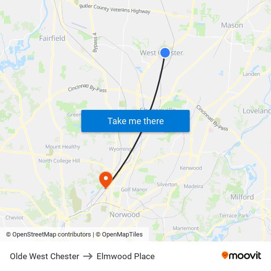 Olde West Chester to Elmwood Place map