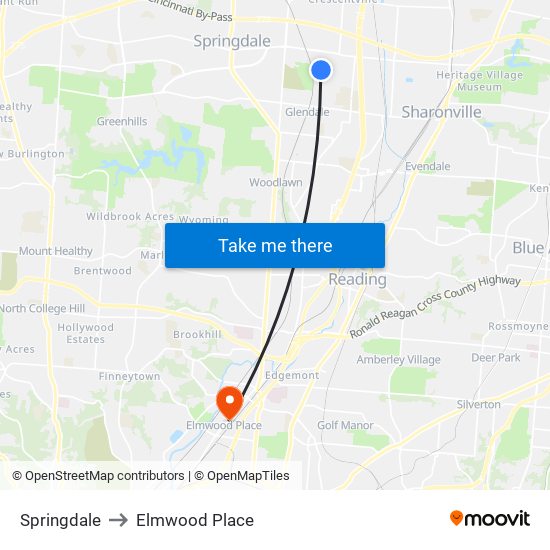 Springdale to Elmwood Place map