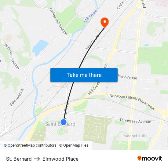 St. Bernard to Elmwood Place map