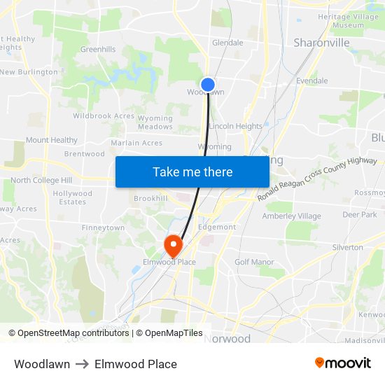 Woodlawn to Elmwood Place map