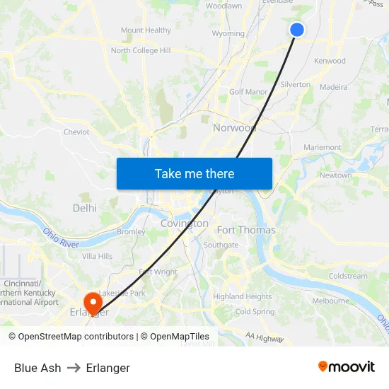 Blue Ash to Erlanger map