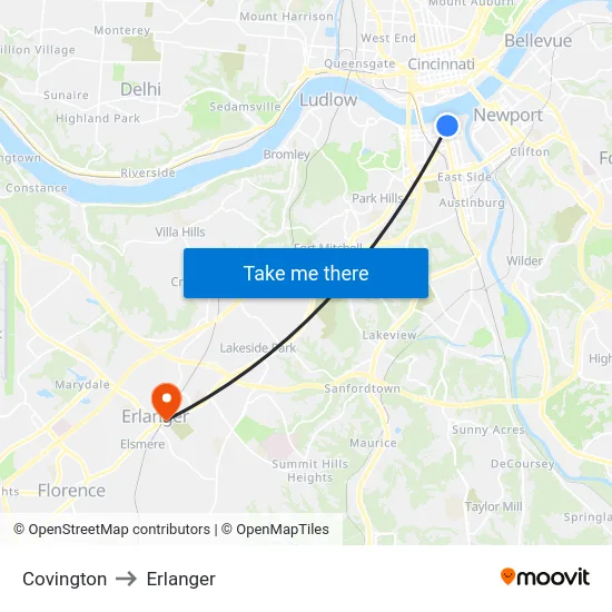 Covington to Erlanger map