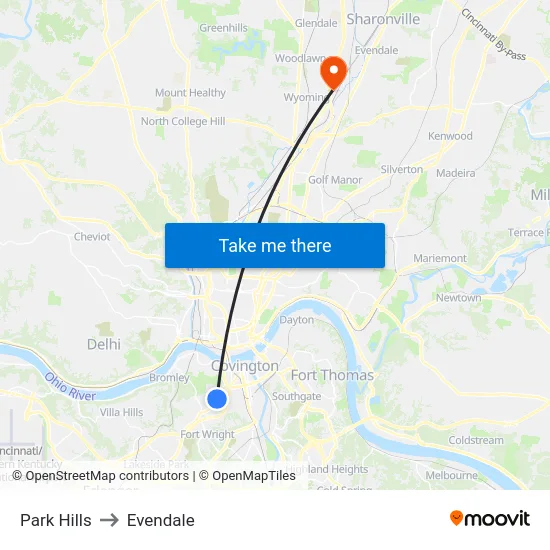 Park Hills to Evendale map