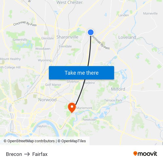 Brecon to Fairfax map
