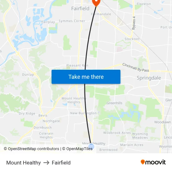Mount Healthy to Fairfield map