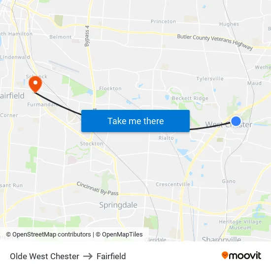 Olde West Chester to Fairfield map