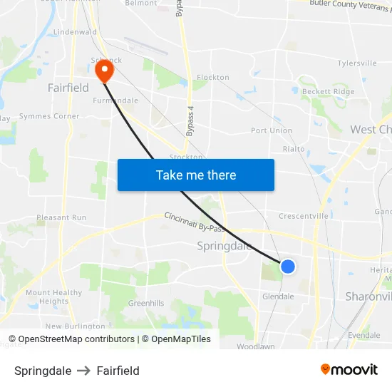 Springdale to Fairfield map