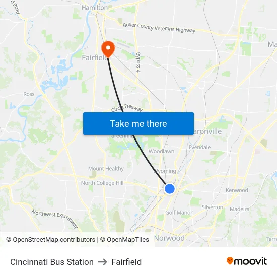 Cincinnati Bus Station to Fairfield map