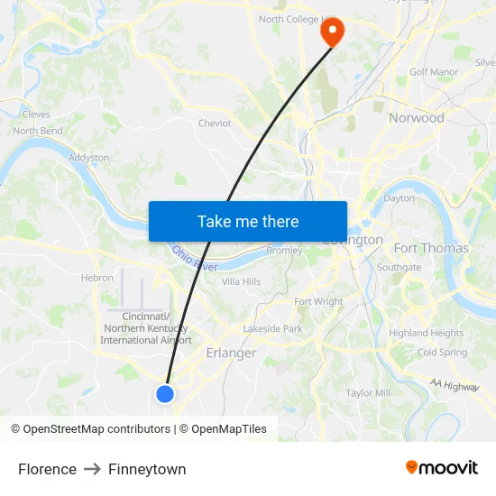 Florence to Finneytown map