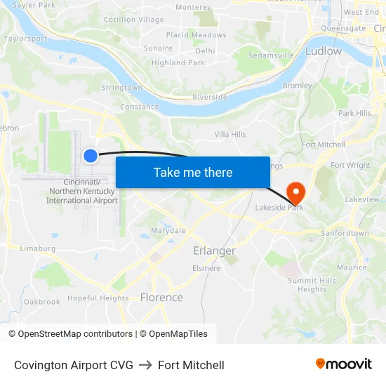 Covington Airport CVG to Fort Mitchell map