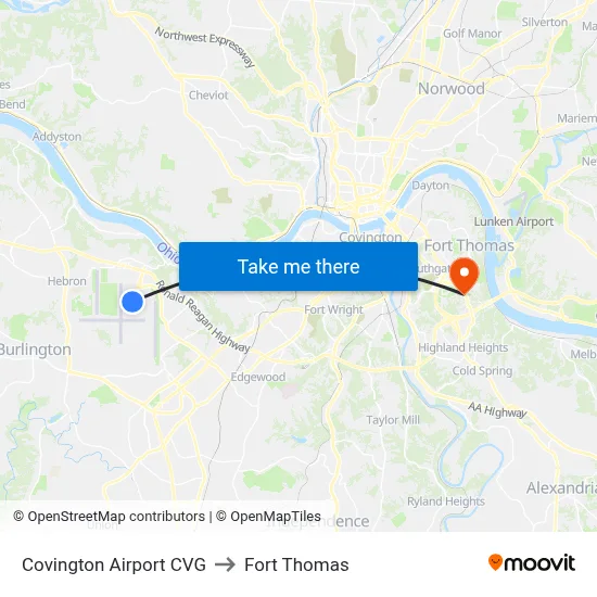 Covington Airport CVG to Fort Thomas map