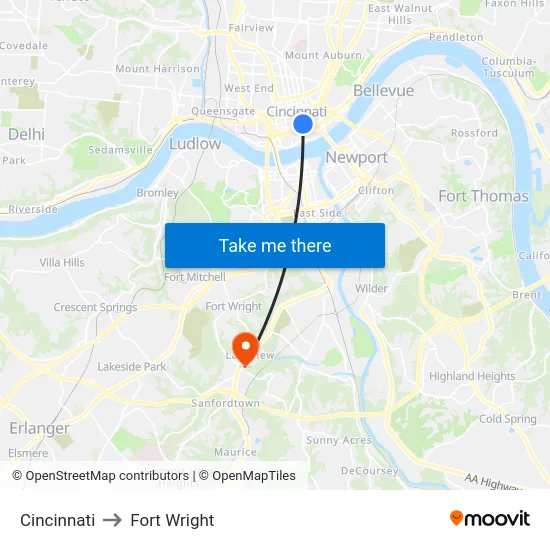 Cincinnati to Fort Wright map