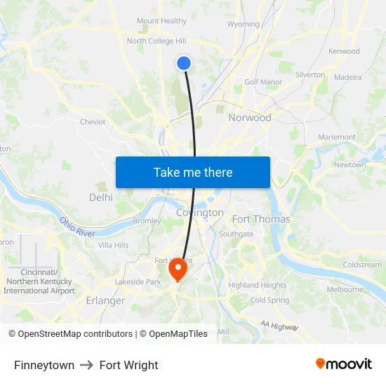 Finneytown to Fort Wright map