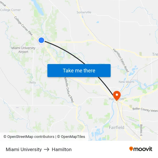 Miami University to Hamilton map