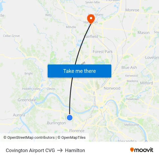 Covington Airport CVG to Hamilton map