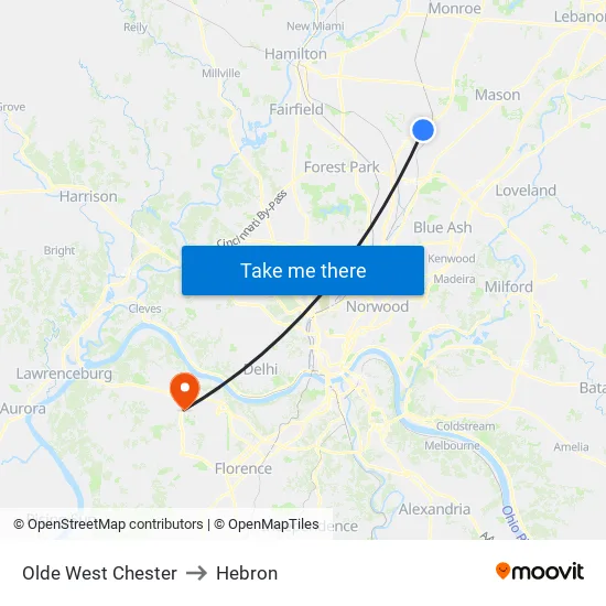 Olde West Chester to Hebron map
