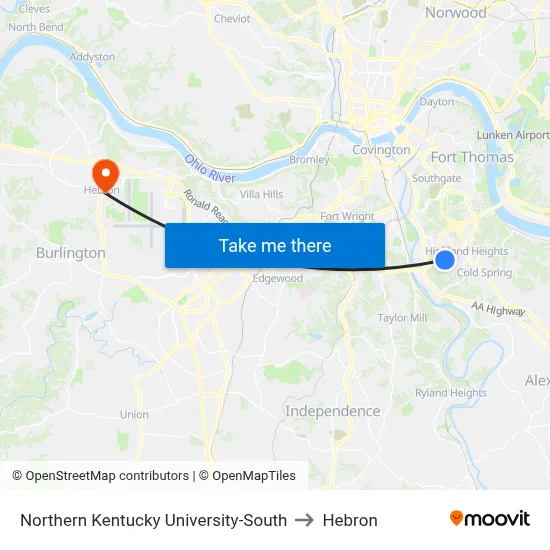 Northern Kentucky University-South to Hebron map