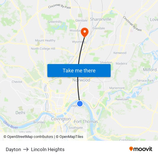 Dayton to Lincoln Heights map