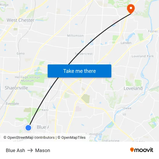 Blue Ash to Mason map
