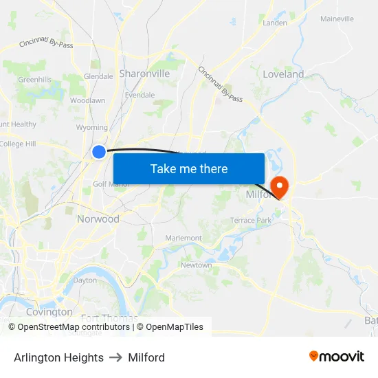 Arlington Heights to Milford map