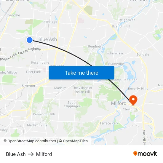 Blue Ash to Milford map