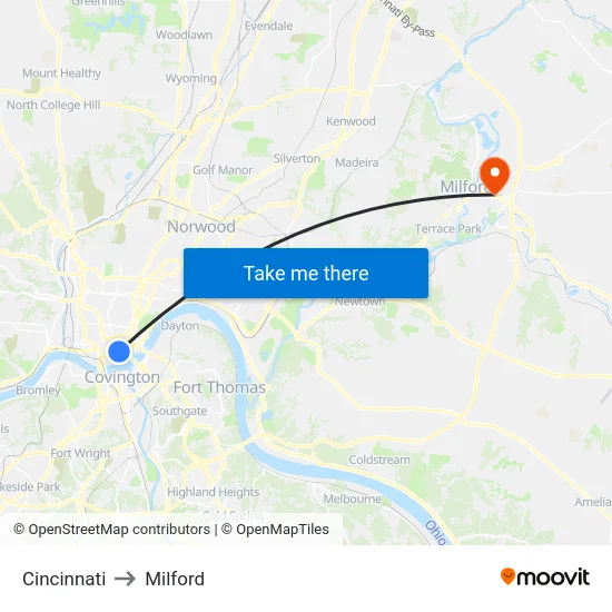 Cincinnati to Milford map