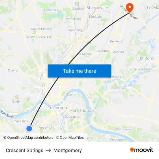 Crescent Springs to Montgomery map