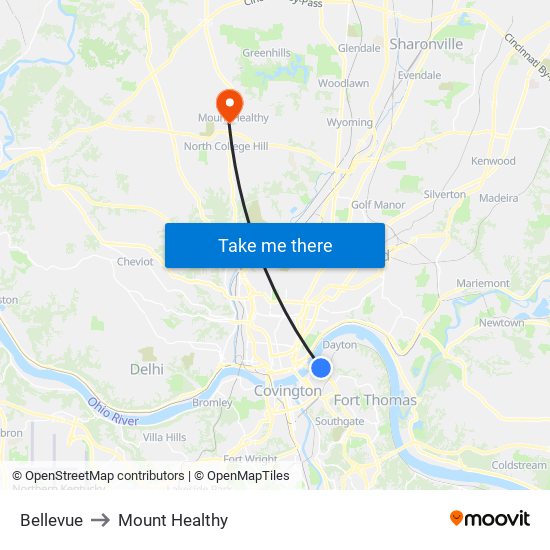 Bellevue to Mount Healthy map