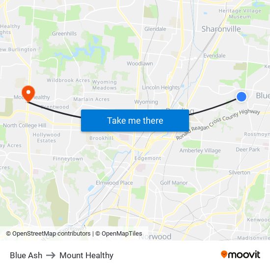 Blue Ash to Mount Healthy map