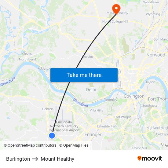 Burlington to Mount Healthy map