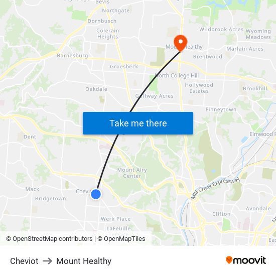 Cheviot to Mount Healthy map