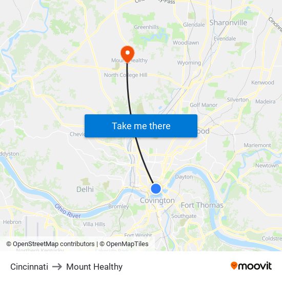 Cincinnati to Mount Healthy map