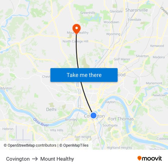 Covington to Mount Healthy map