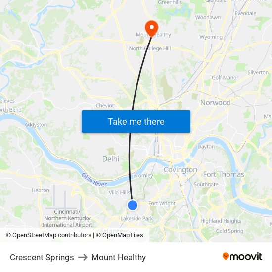 Crescent Springs to Mount Healthy map