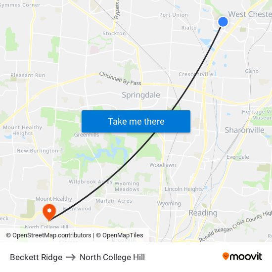 Beckett Ridge to North College Hill map