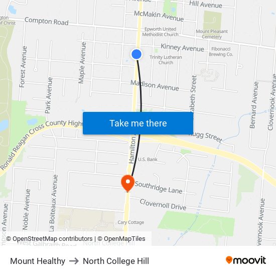 Mount Healthy to North College Hill map