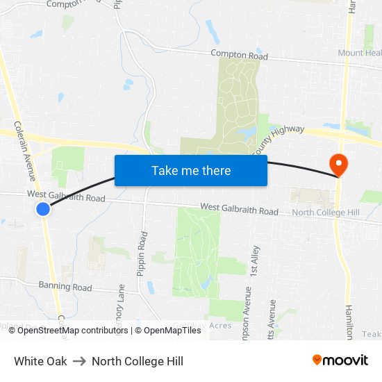 White Oak to North College Hill map