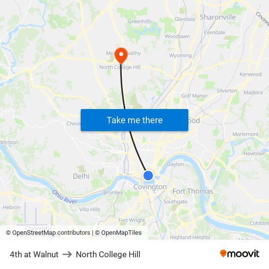 4th at Walnut to North College Hill map