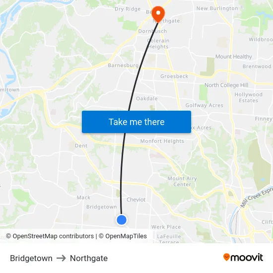 Bridgetown to Northgate map