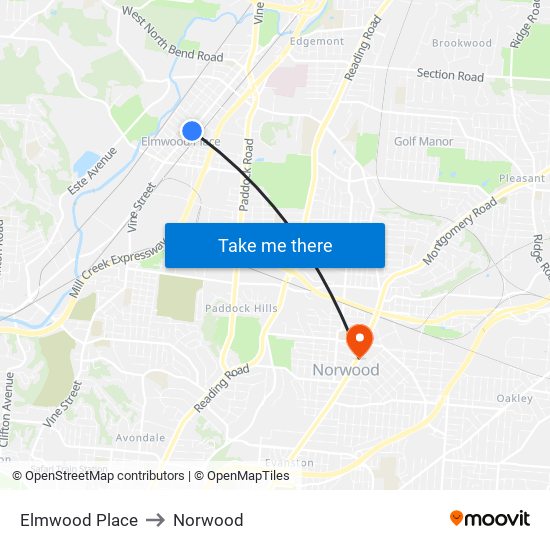 Elmwood Place to Norwood map