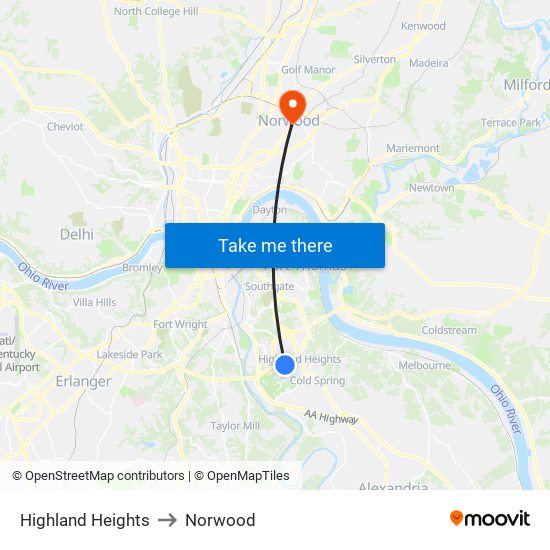 Highland Heights to Norwood map