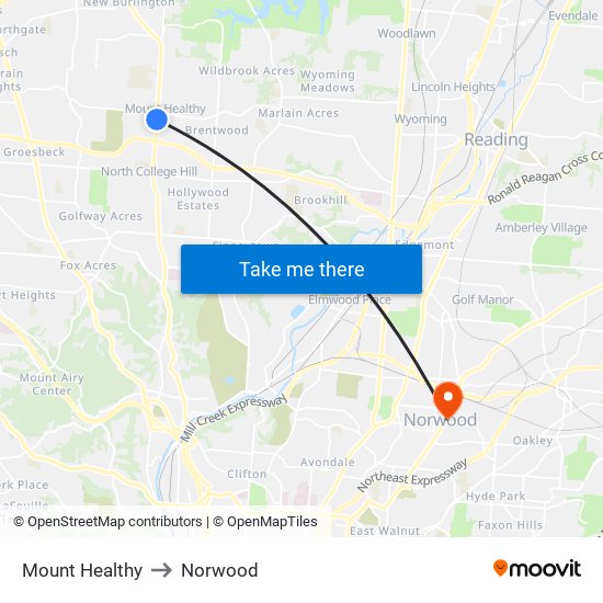 Mount Healthy to Norwood map