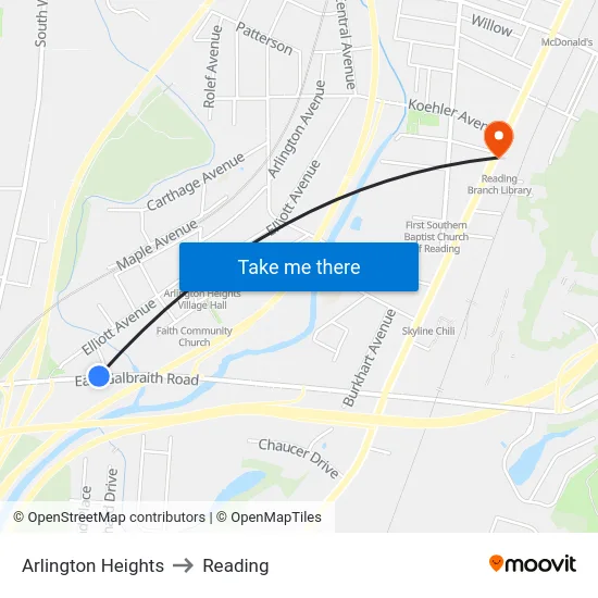 Arlington Heights to Reading map