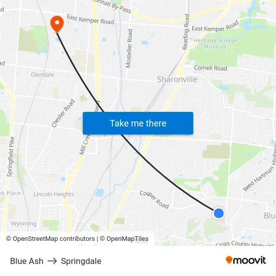 Blue Ash to Springdale map
