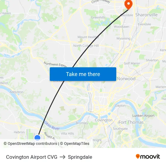 Covington Airport CVG to Springdale map