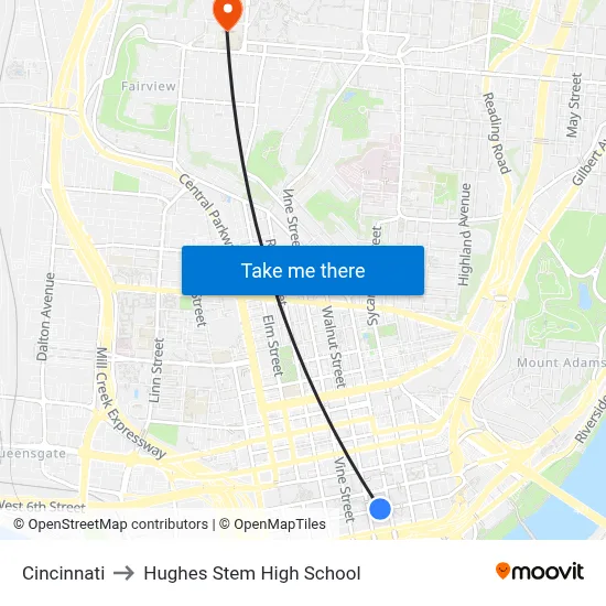 Cincinnati to Hughes Stem High School map