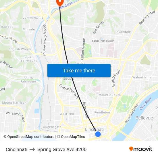Cincinnati to Spring Grove Ave 4200 map