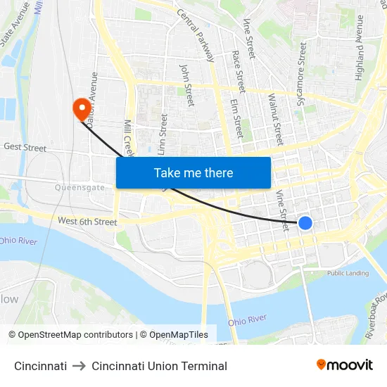 Cincinnati to Cincinnati Union Terminal map