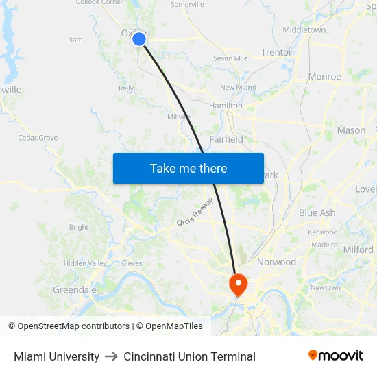 Miami University to Cincinnati Union Terminal map